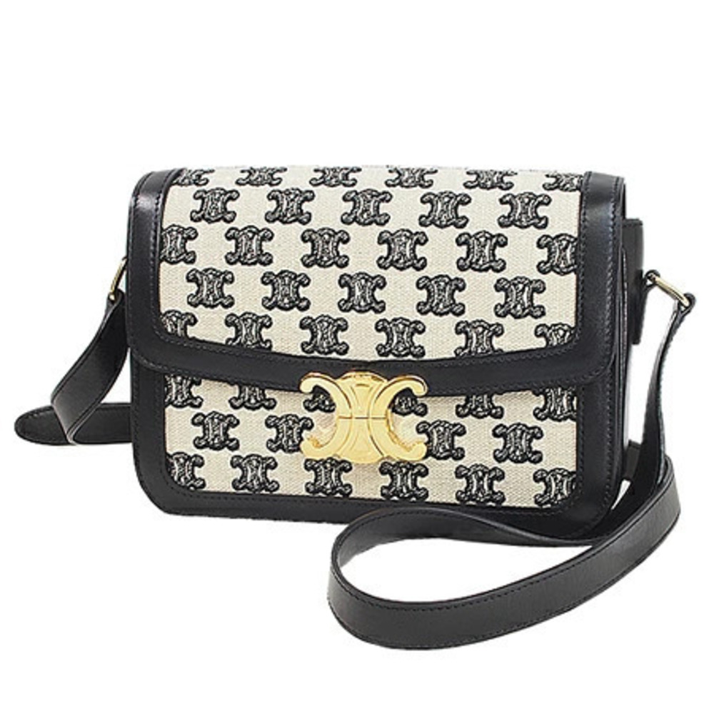 Celine Triomphe Embroidery Shoulder Bag Leather Blue Black